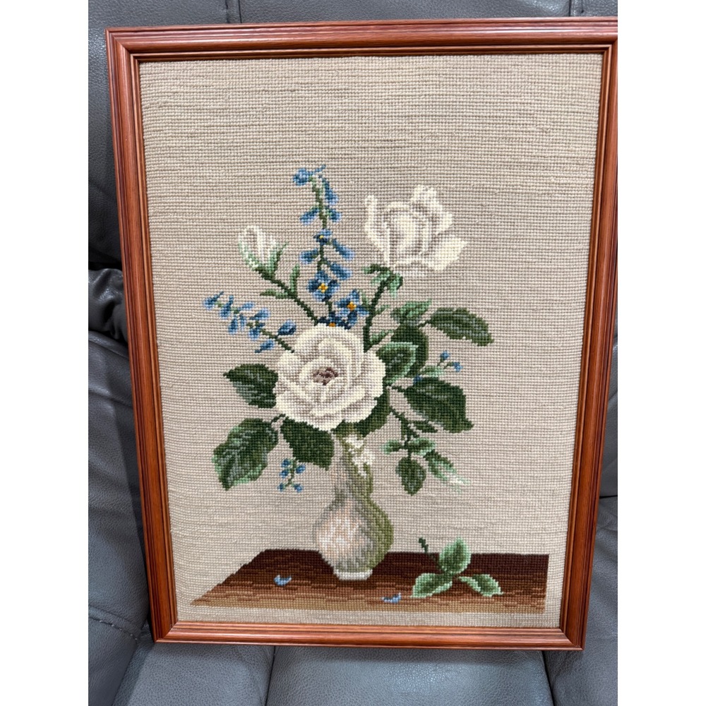 Vintage Needlepoint Floral Still Life Framed Wood White Roses Blue Wildflowers